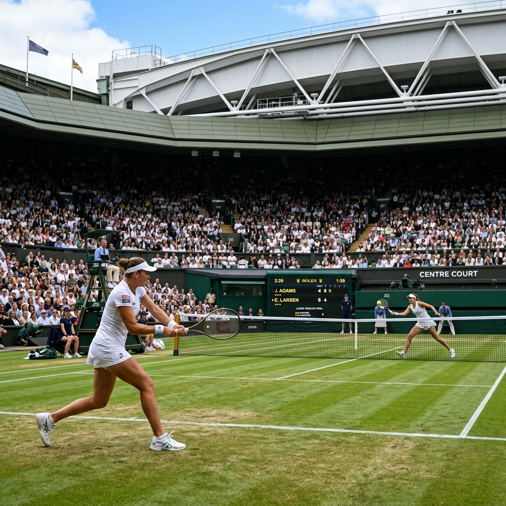 Two female tennis players in white competing on grass court at Wimbledon Centre Court
