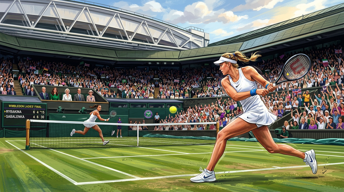 Two female tennis players in white outfits playing a competitive match on a grass court during Wimbledon Ladies' Final