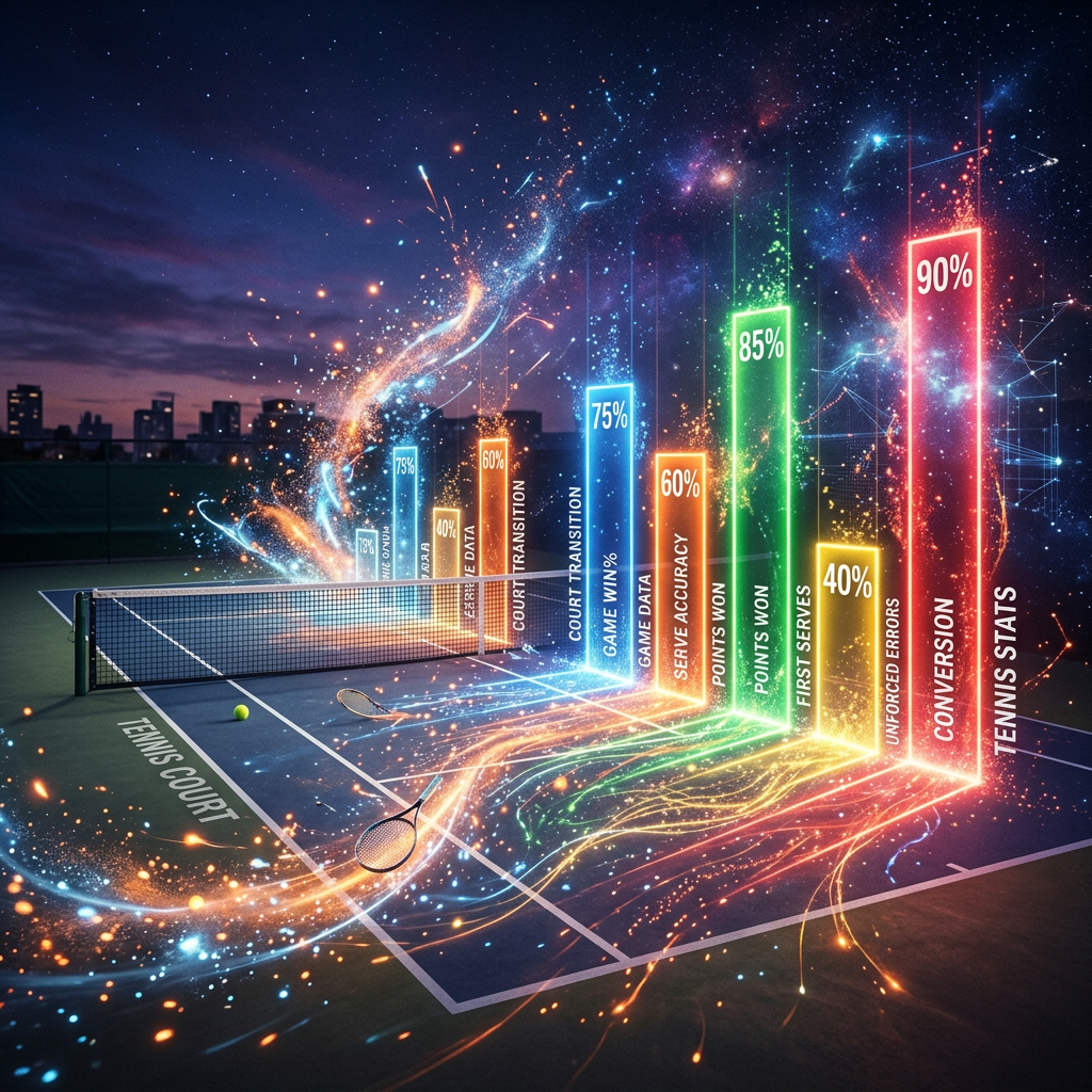 3D visualization of tennis match stats with bars for points won, first serves, and conversion rates on a tennis court