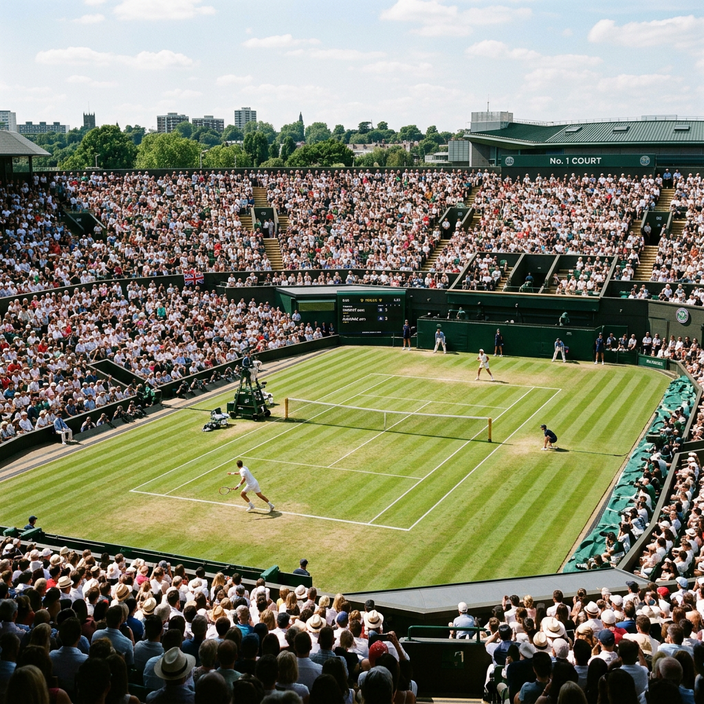 Tennis players competing on Wimbledon's No. 1 Court surrounded by a full crowd