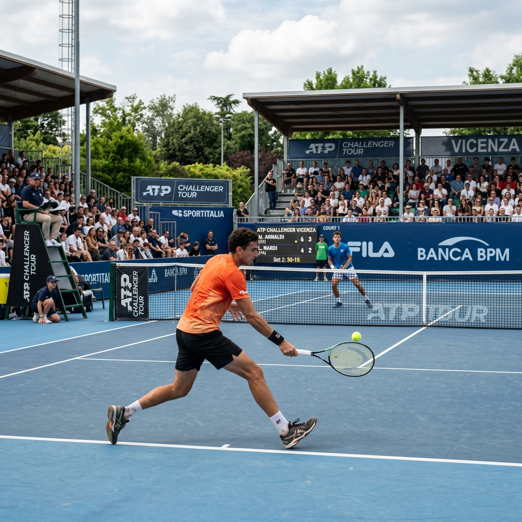 Tennis player hitting a ball during an ATP Challenger match in Vicenza