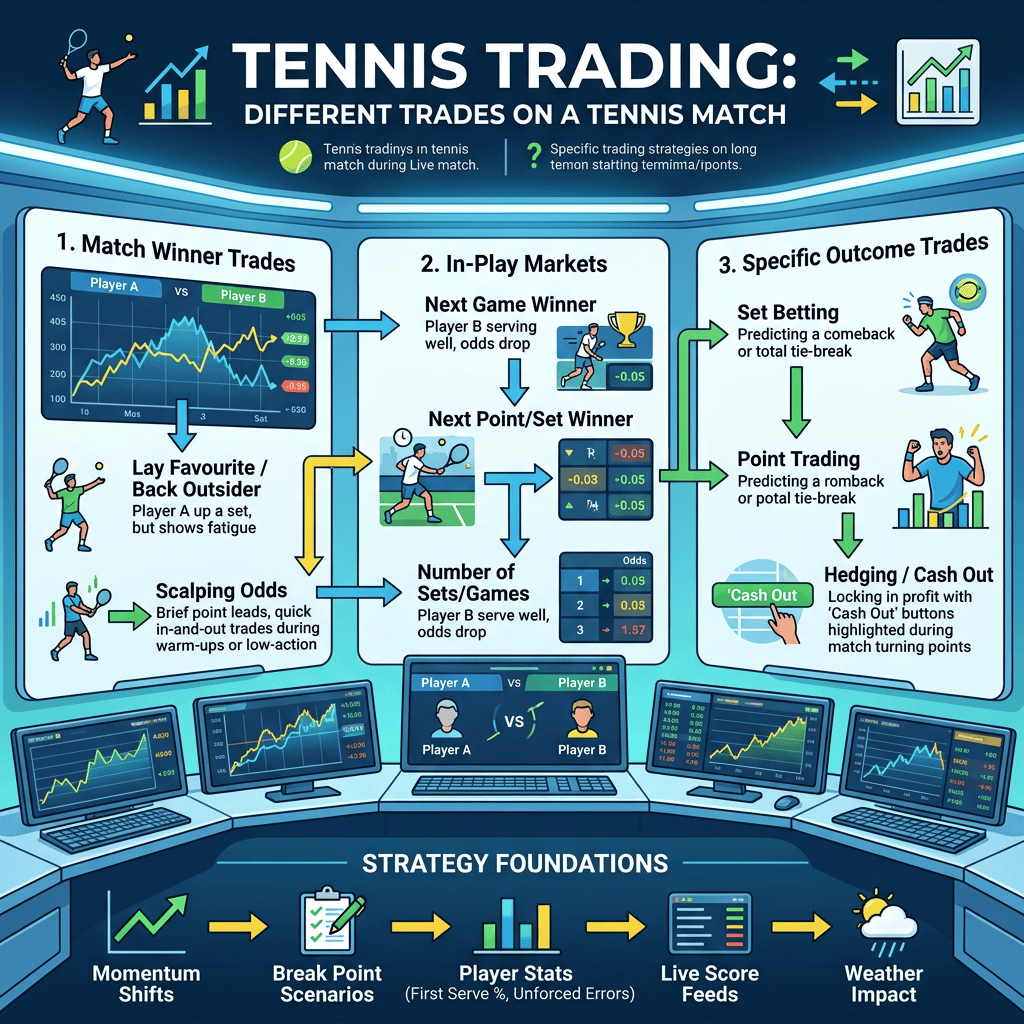 Infographic outlining tennis trading strategies and market types