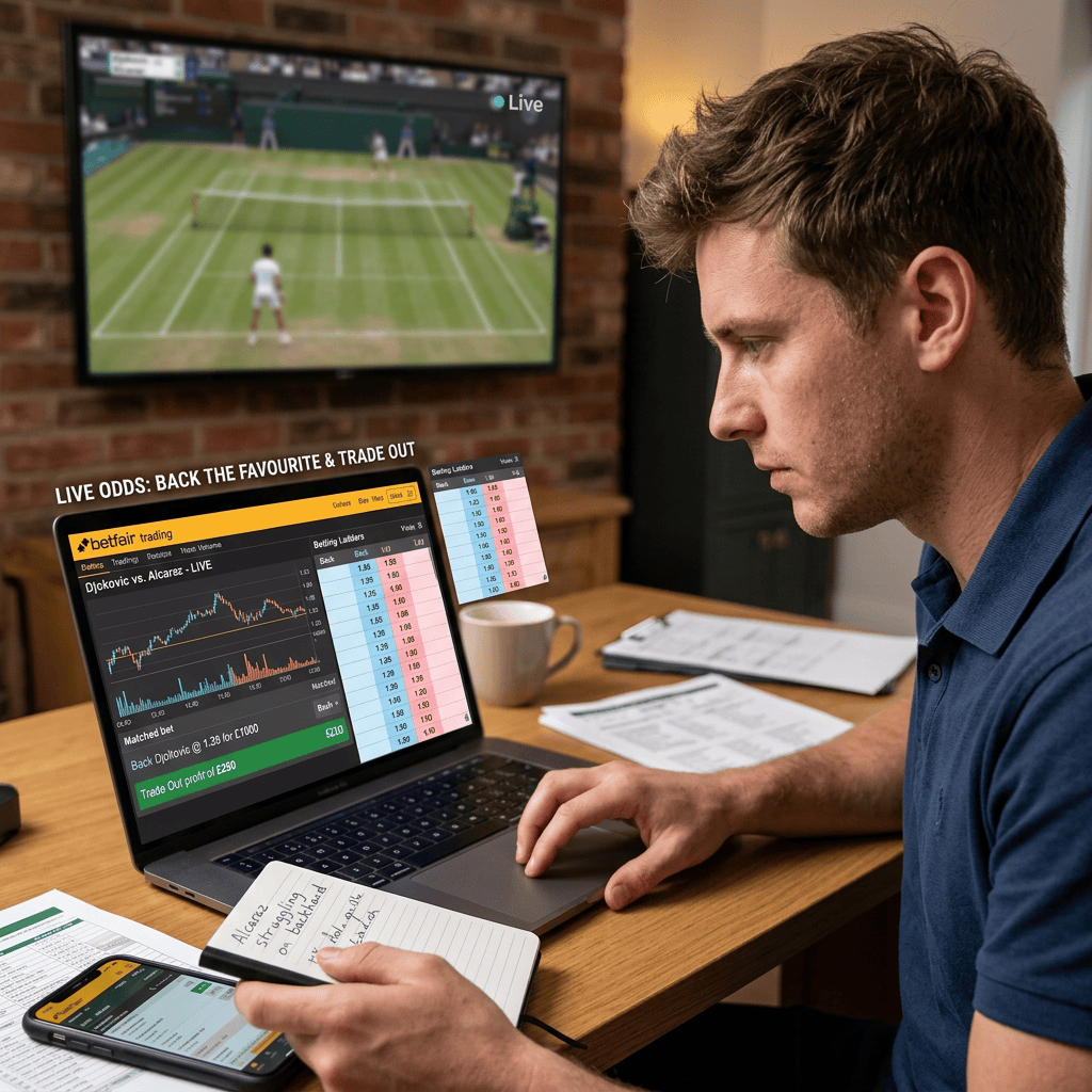 Man viewing live tennis while laptop displays Betfair trading odds for Djokovic versus Alcaraz
