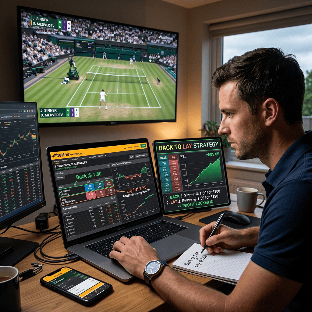 Person analyzing live tennis betting screens and writing a trading strategy