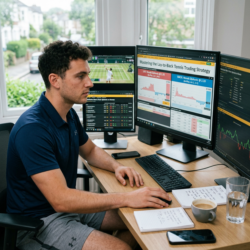 Person monitoring tennis trading markets across three computer monitors