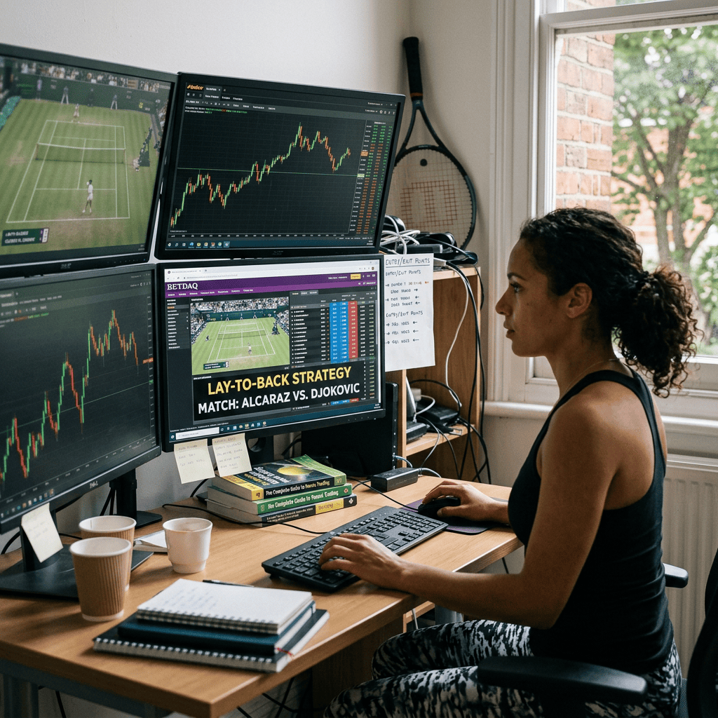 Woman analyzing tennis match footage and betting charts on multiple monitors