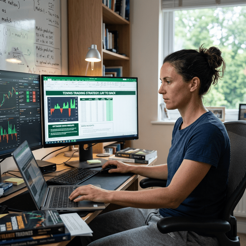 Woman analyzing tennis trading strategy data on multiple computer screens