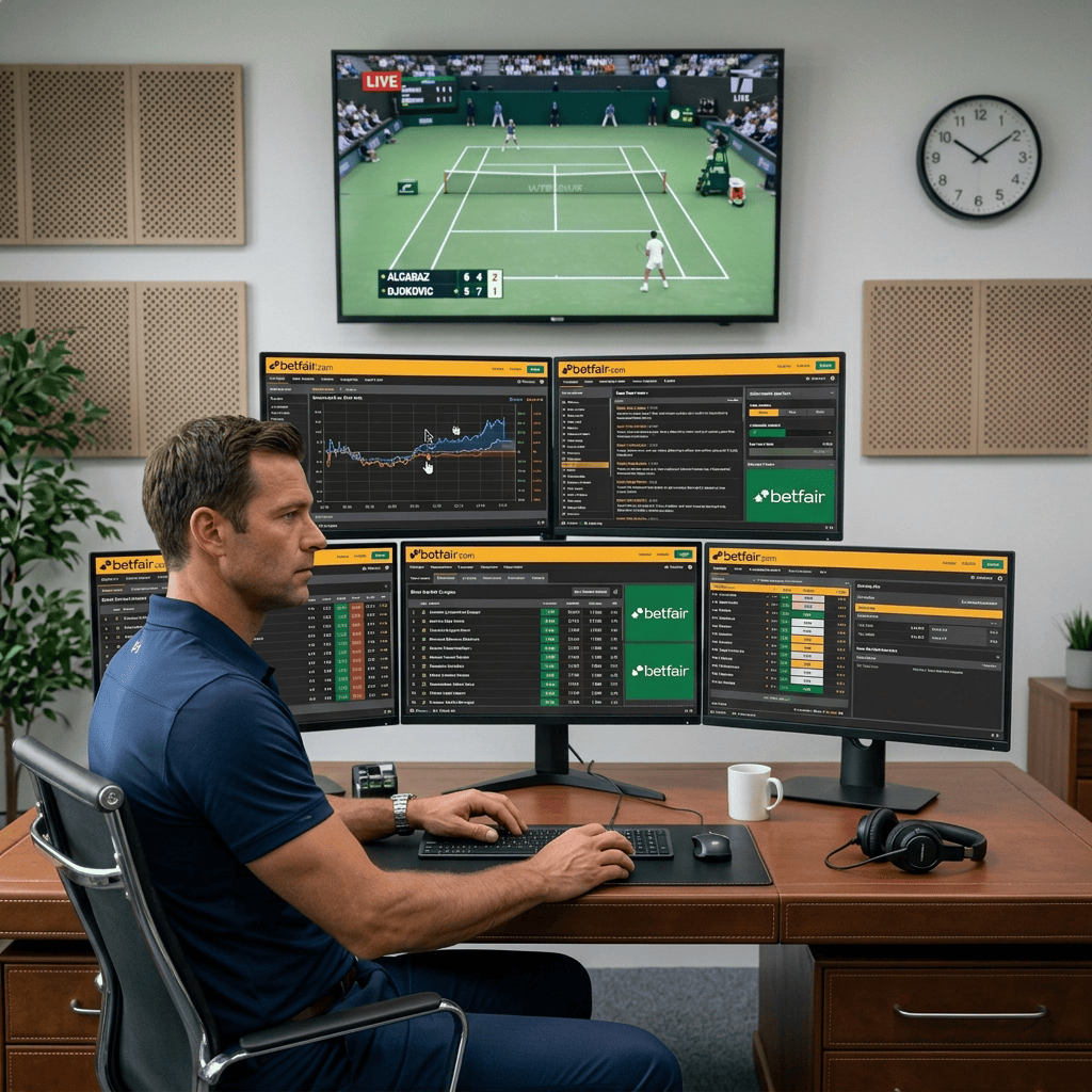 Tennis player and adviser reviewing betting screens during a live match